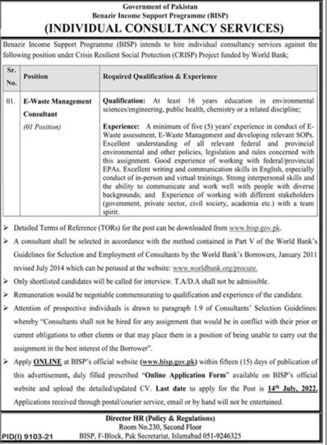 Benazir Income Support Programme BISP Jobs June 2022