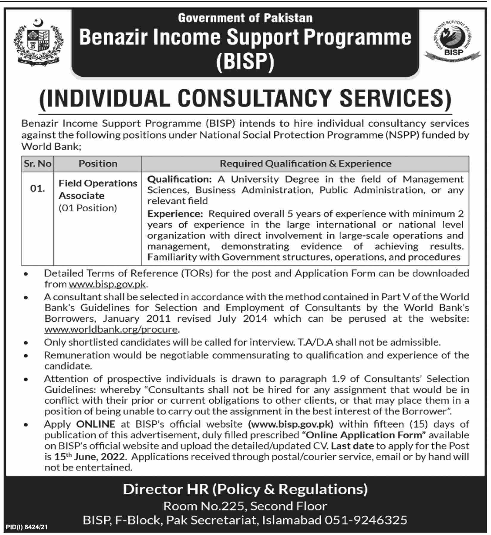 Benazir Income Support Programme BISP Jobs June 2022