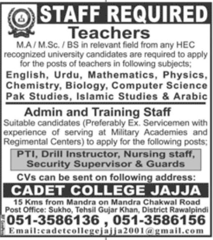 Cadet College Jajja Jobs June 2022