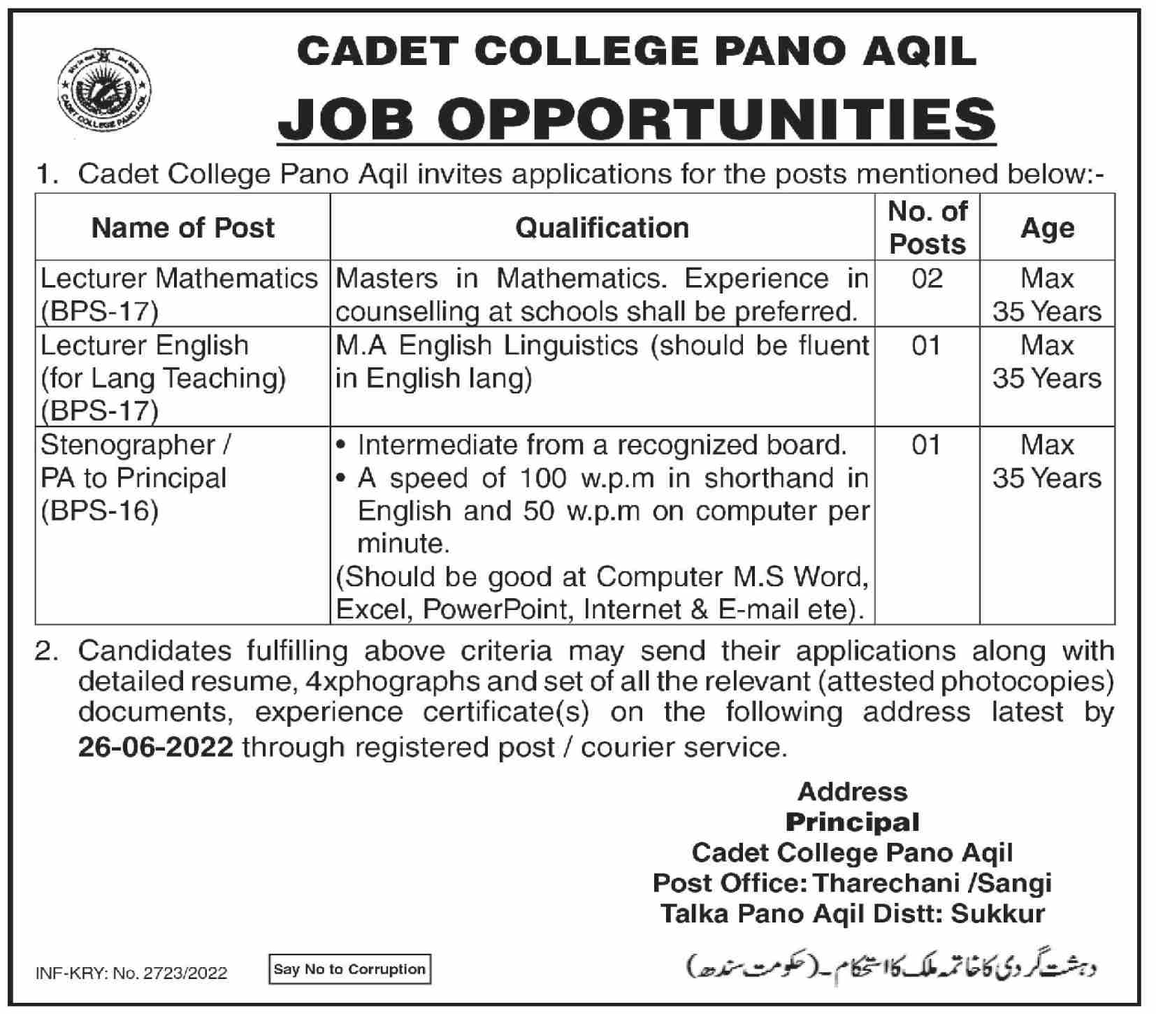 Cadet College Pano Aqil Jobs June 2022