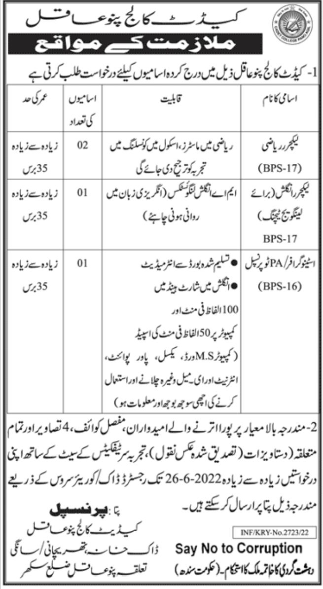 Cadet College Pano Aqil Jobs June 2022