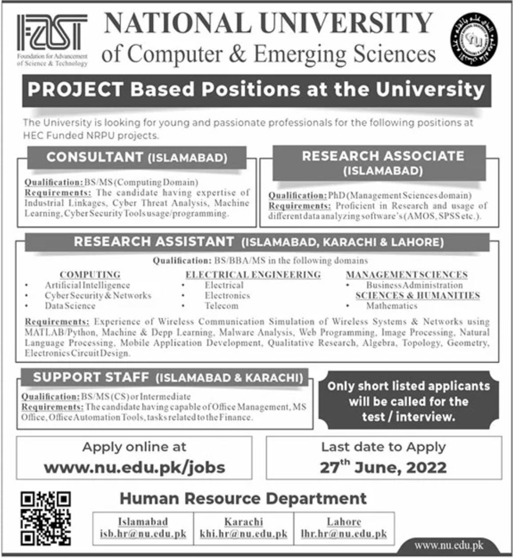 FAST National University of Computer & Emerging Sciences Jobs June 2022