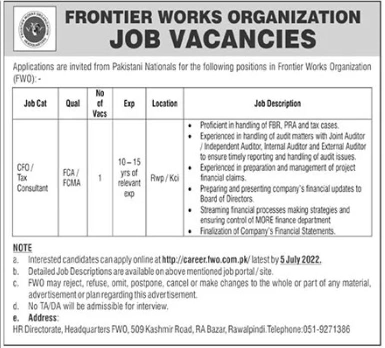 FWO Frontier Works Organization Jobs June 2022