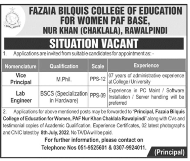 Fazaia Bilquis College of Education Jobs June 2022
