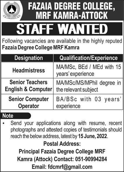 Fazaia Degree College Jobs June 2022