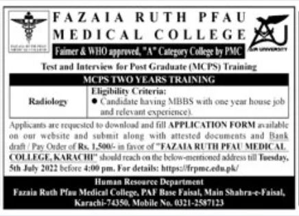 Fazaia Ruth PFAU Medical College Jobs June 2022