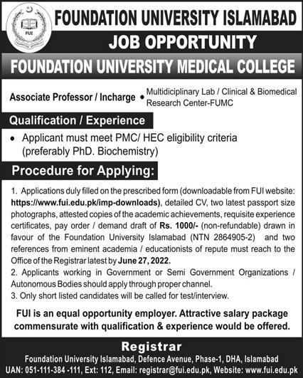 Foundation University Islamabad Jobs June 2022