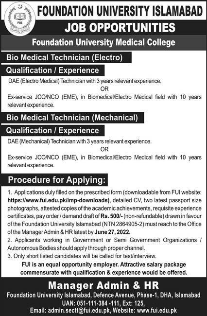 Foundation University Medical College Jobs June 2022