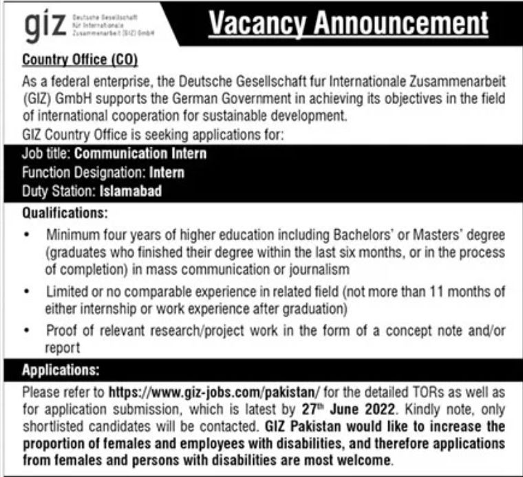 GIZ Islamabad Jobs June 2022