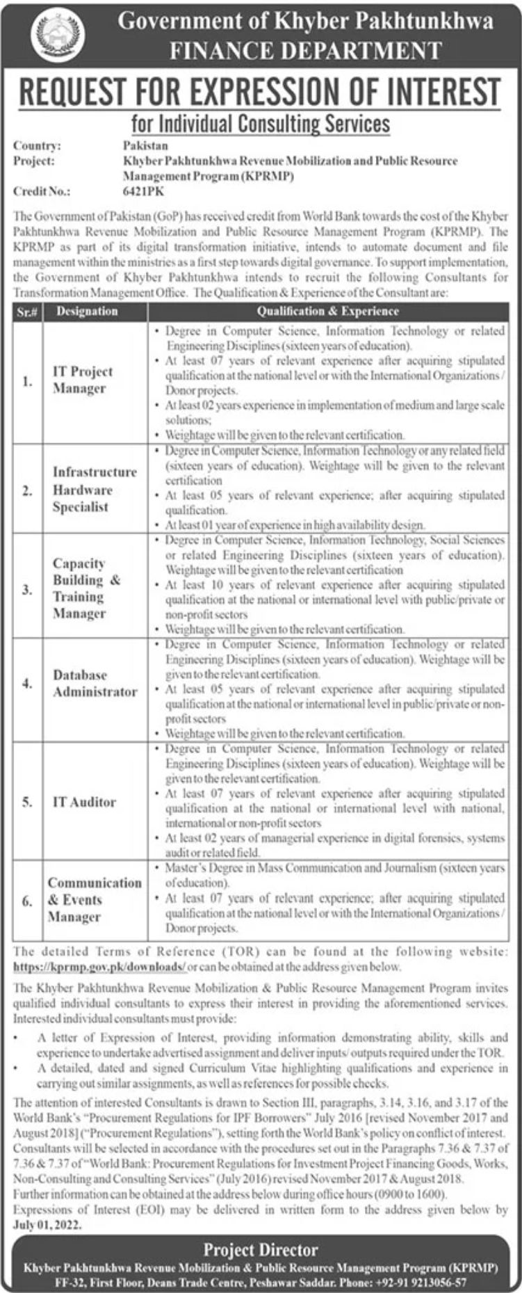 Government of Khyber Pakhtunkhwa Finance Department Jobs June 2022