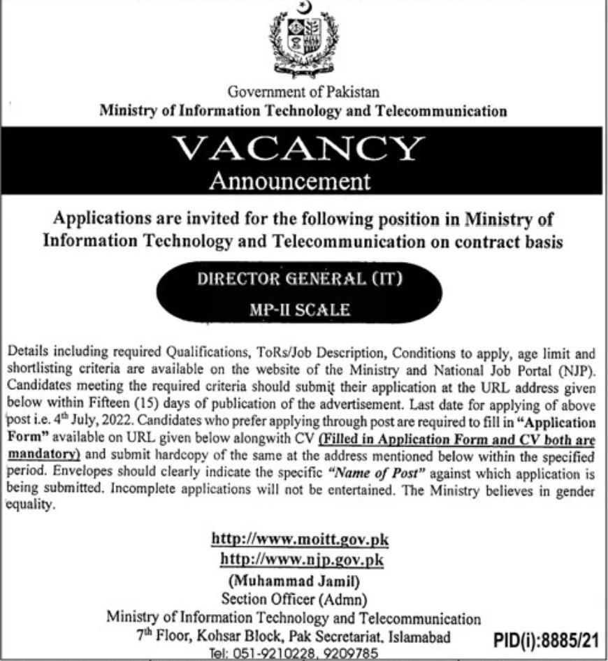 Government of Pakistan Ministry of Information Technology and Telecommunication Jobs June 2022