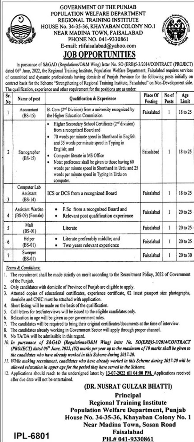 Government of the Punjab Population Welfare Department Jobs June 2022
