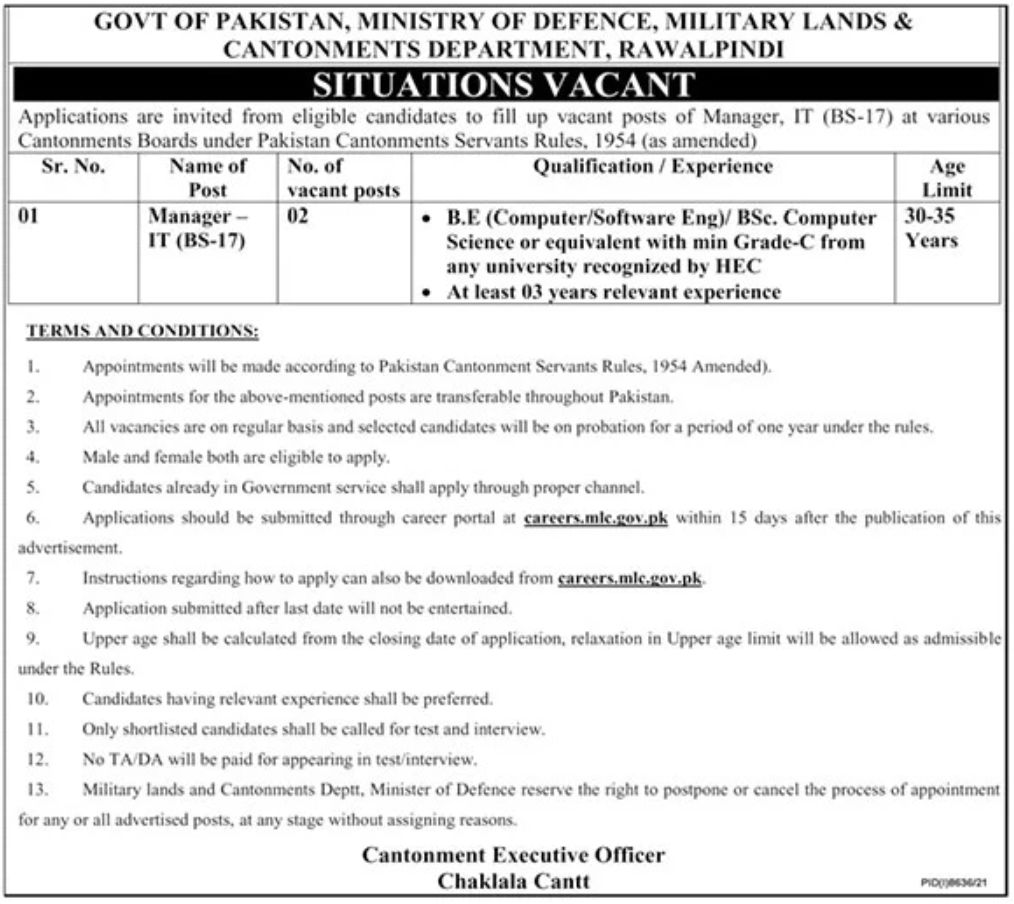 Govt of Pakistan Ministry of Defense Military Lands & Cantonments Departments Jobs June 2022