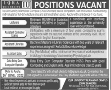 IQRA University Jobs June 2022