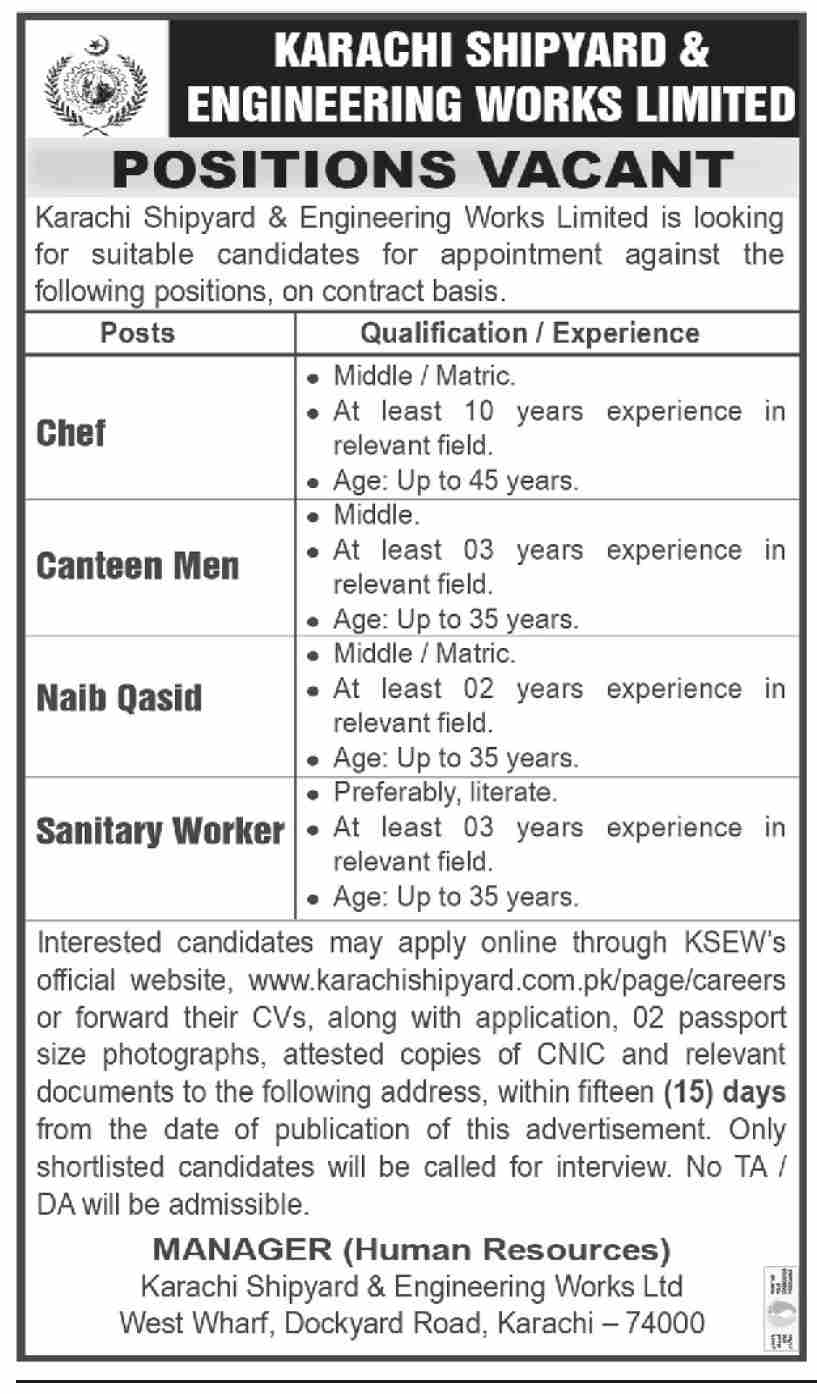 Karachi Shipyard & Engineering Works Limited Jobs June 2022