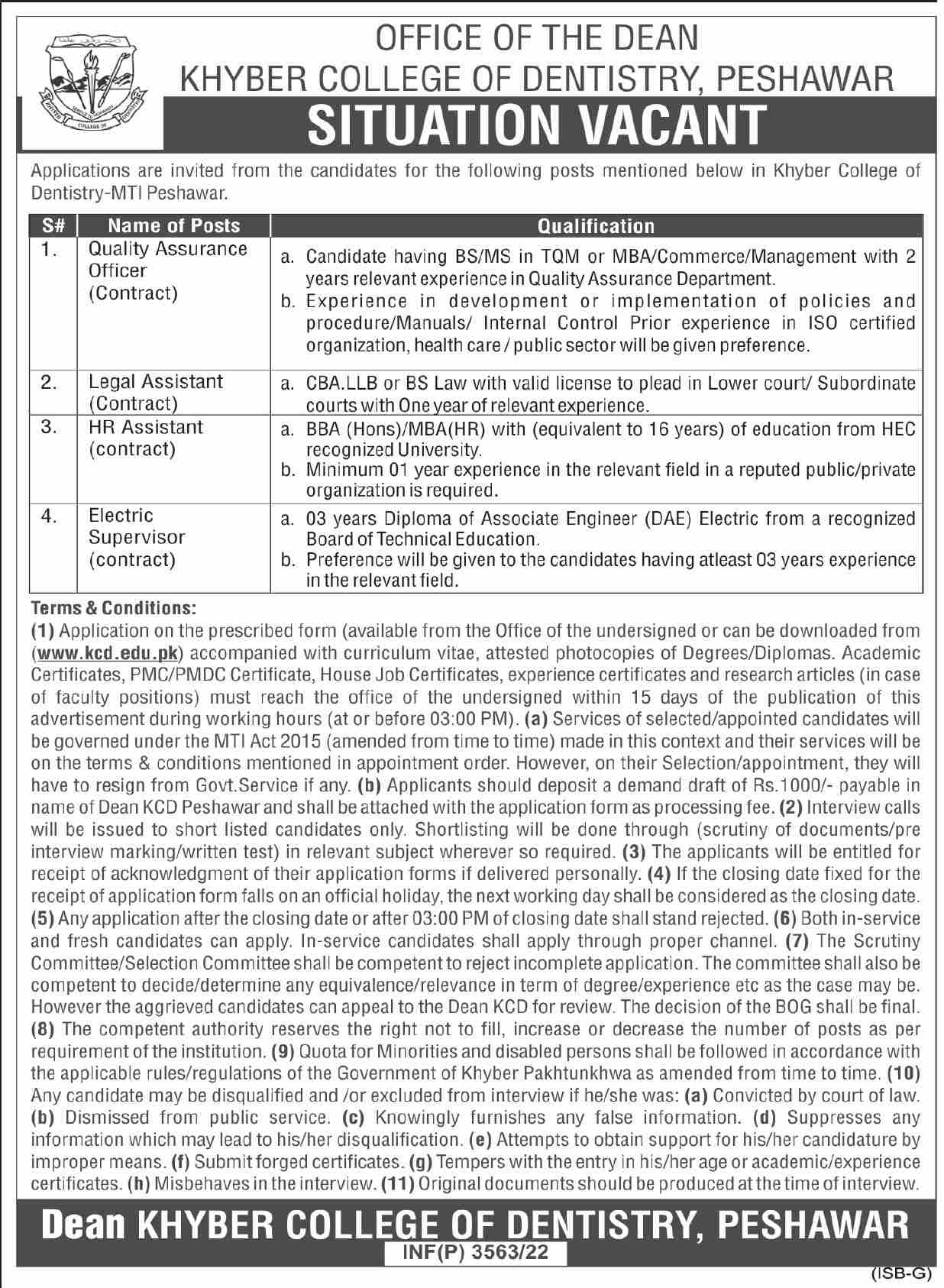 Khyber College of Dentistry Peshawar Jobs June 2022