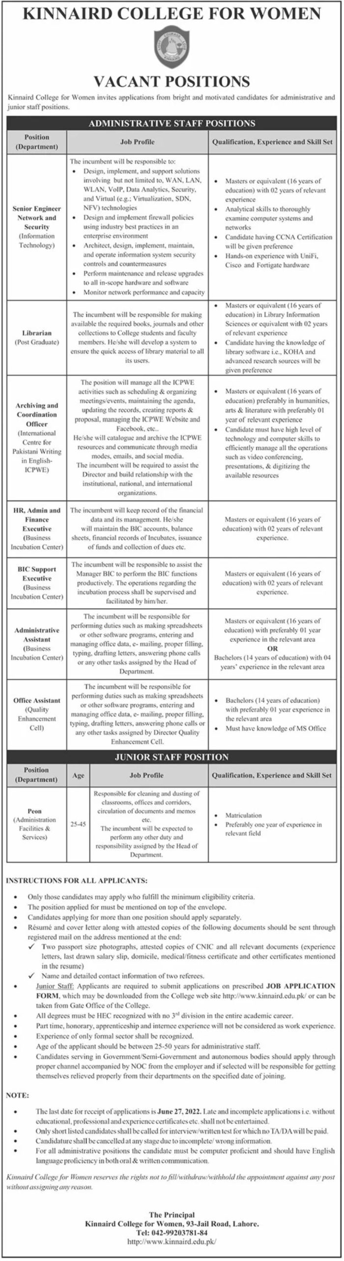 Kinnaird College for Women Jobs June 2022