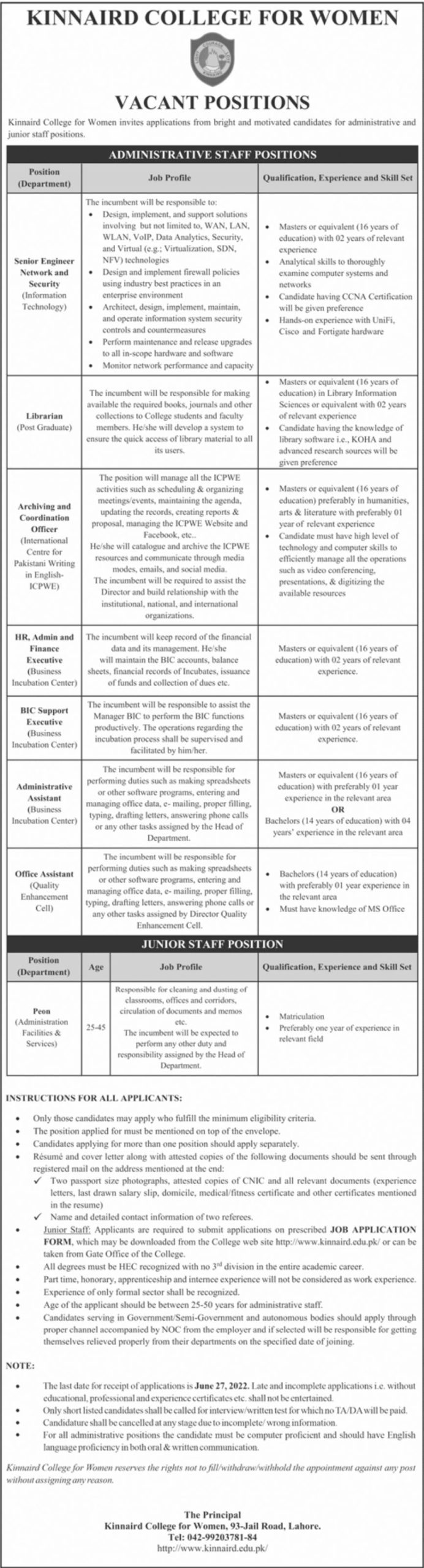 Kinnaird College for Women Jobs June 2022