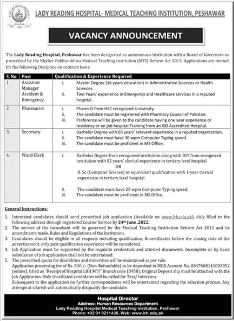 Lady Reading Hospital Medical Teaching Institution Jobs June 2022