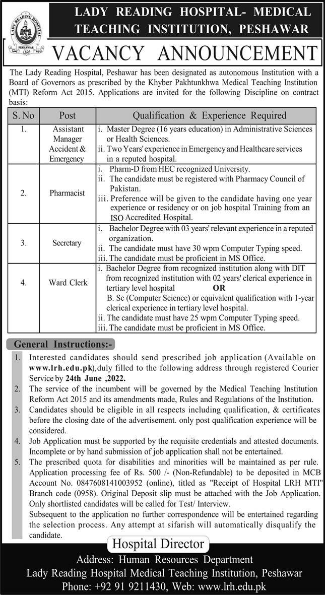 Lady Reading Hospital Medical Teaching Institution Peshawar Jobs June 2022