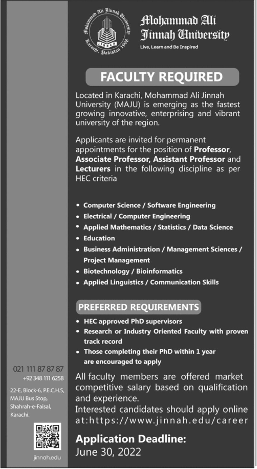 Mohammad Ali Jinnah University Jobs June 2022