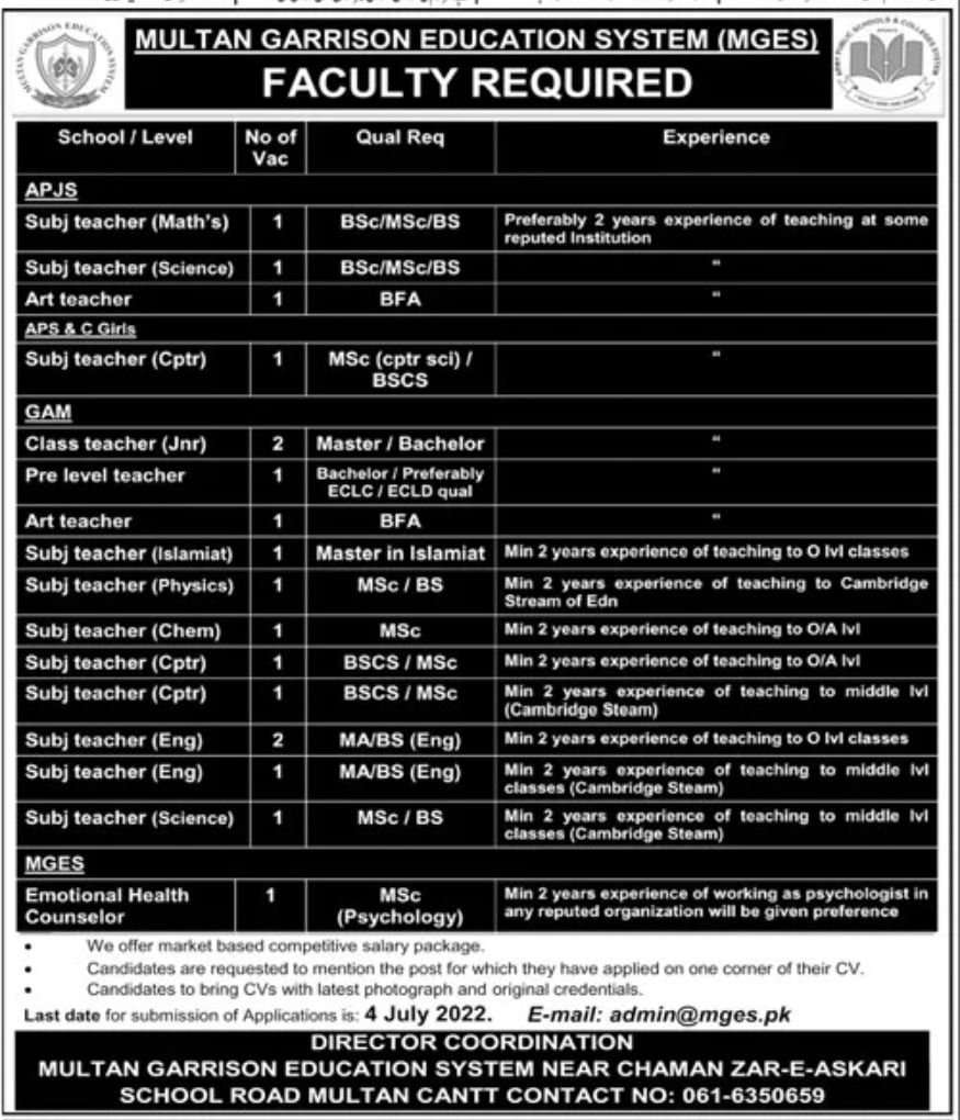 Multan Garrison Education System MGES Jobs June 2022