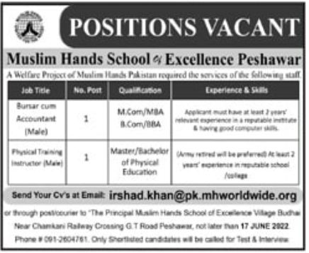 Muslim Hands School of Excellence Peshawar Jobs June 2022
