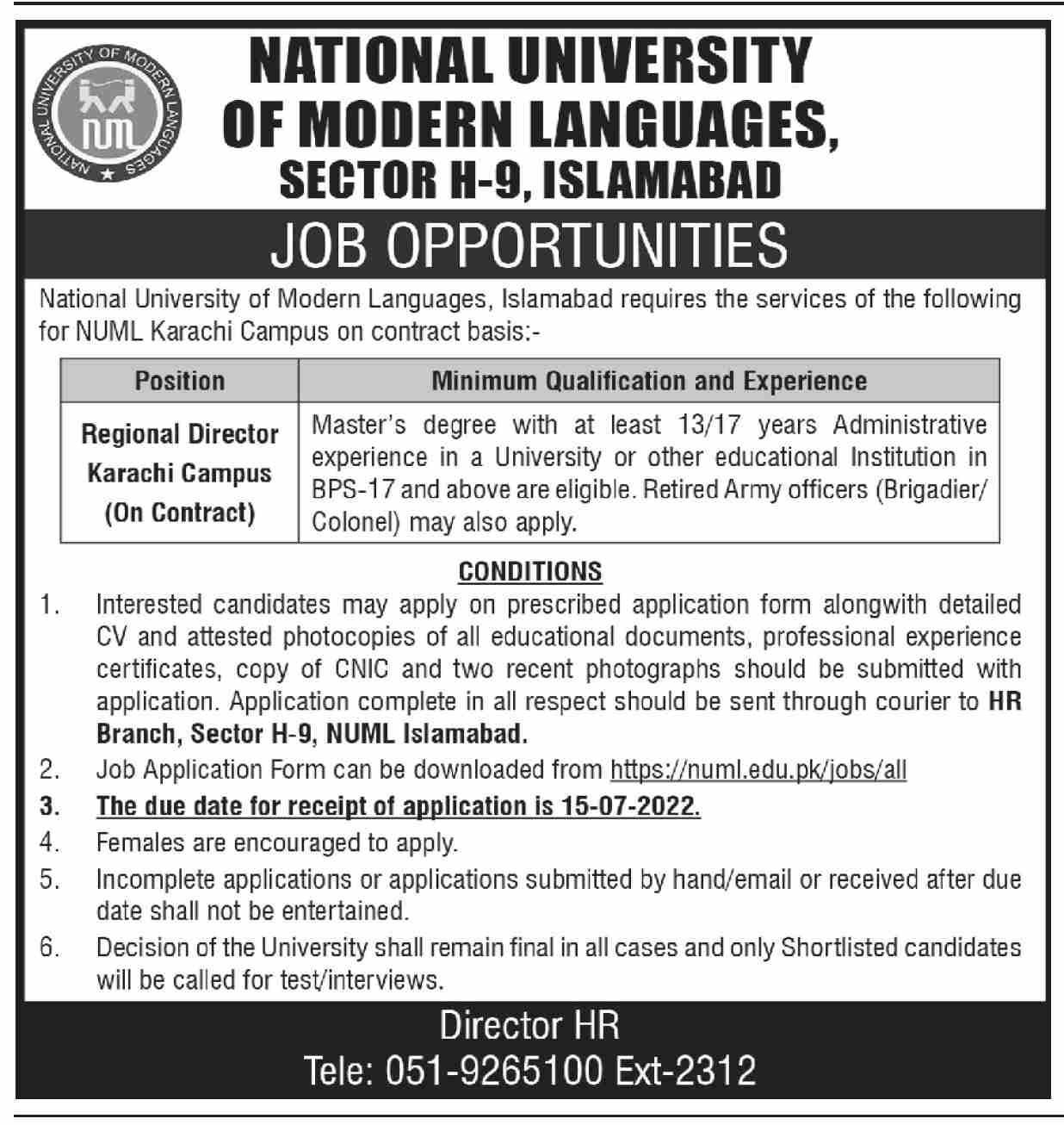 NUML National University of Modern Languages Islamabad Jobs June 2022