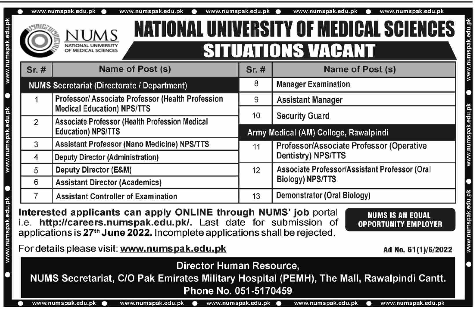 NUMS National University of Medical Sciences Jobs June 2022