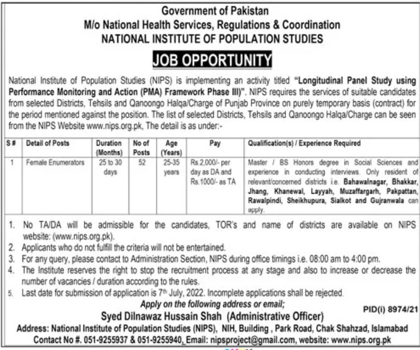 National Institute of Population Studies NIPS Jobs June 2022