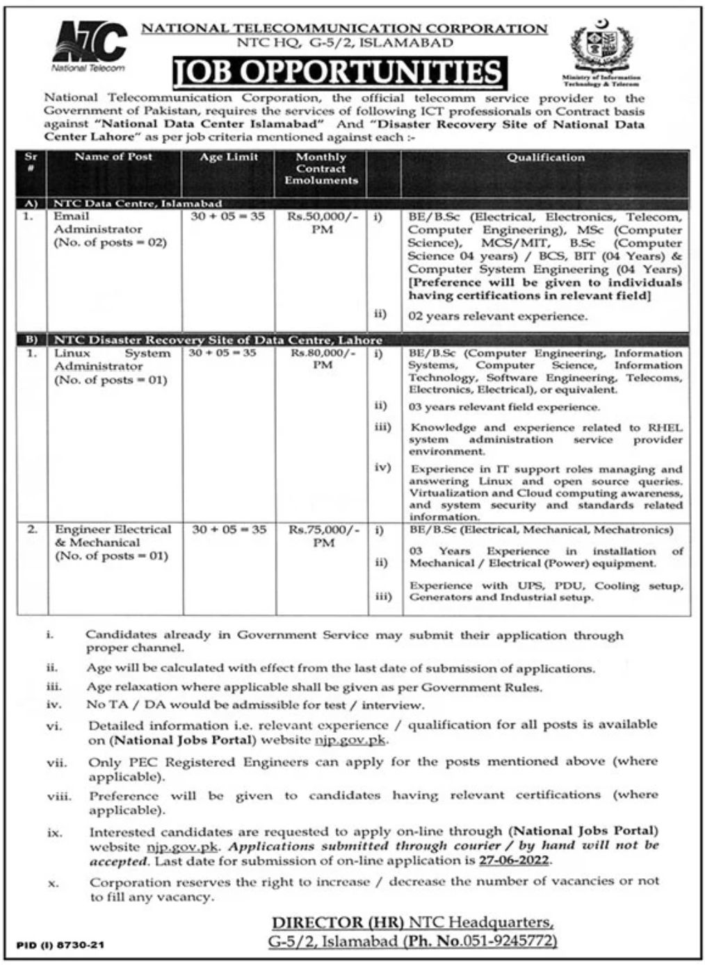 National Telecommunication Corporation Islamabad Jobs June 2022
