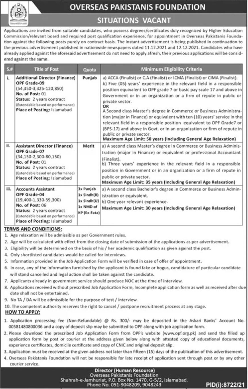 Overseas Pakistanis Foundation OFP Jobs June 2022