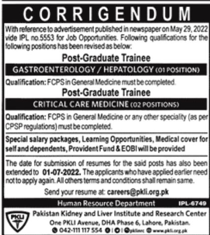 Pakistan Kidney and Liver Institute and Research Center Jobs June 2022