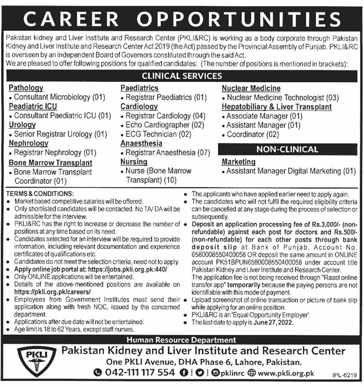 Pakistan Kidney and Liver Institute and Research Center PKLI Jobs June 2022