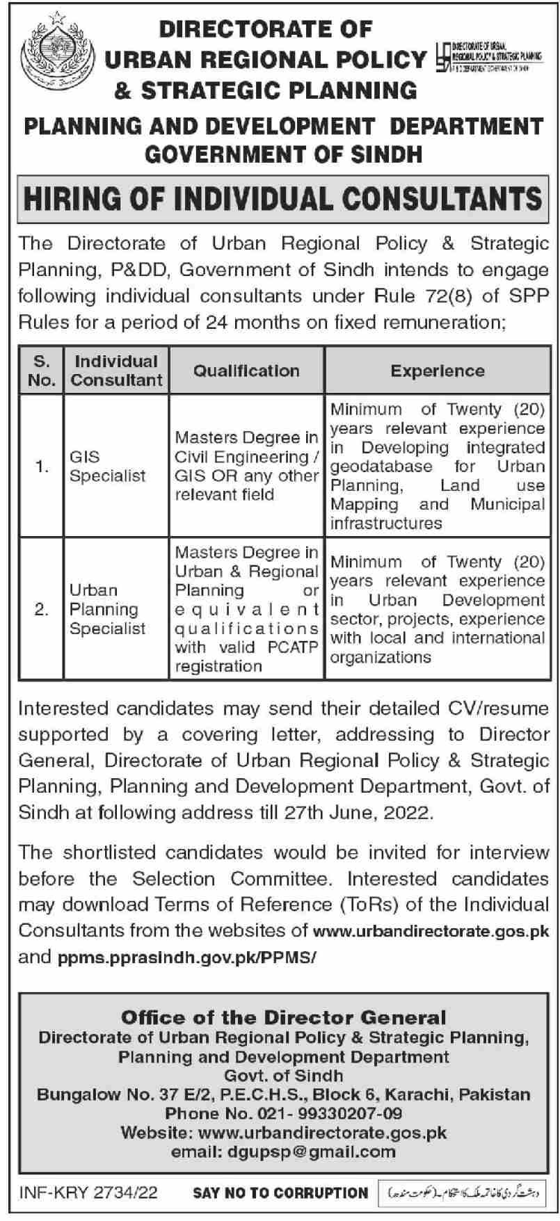 Planning and Development Department Government of Sindh Jobs June 2022
