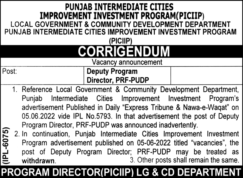 Punjab Intermediate Cities Improvement Investment Program PICIIP Jobs June 2022
