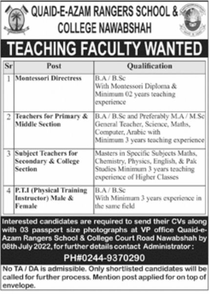 Quaid-e-Azam Rangers School & College Nawabshah Jobs June 2022