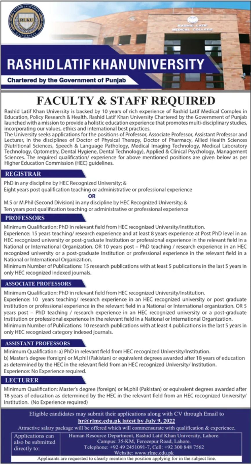 Rashid Latif Khan University Jobs June 2022