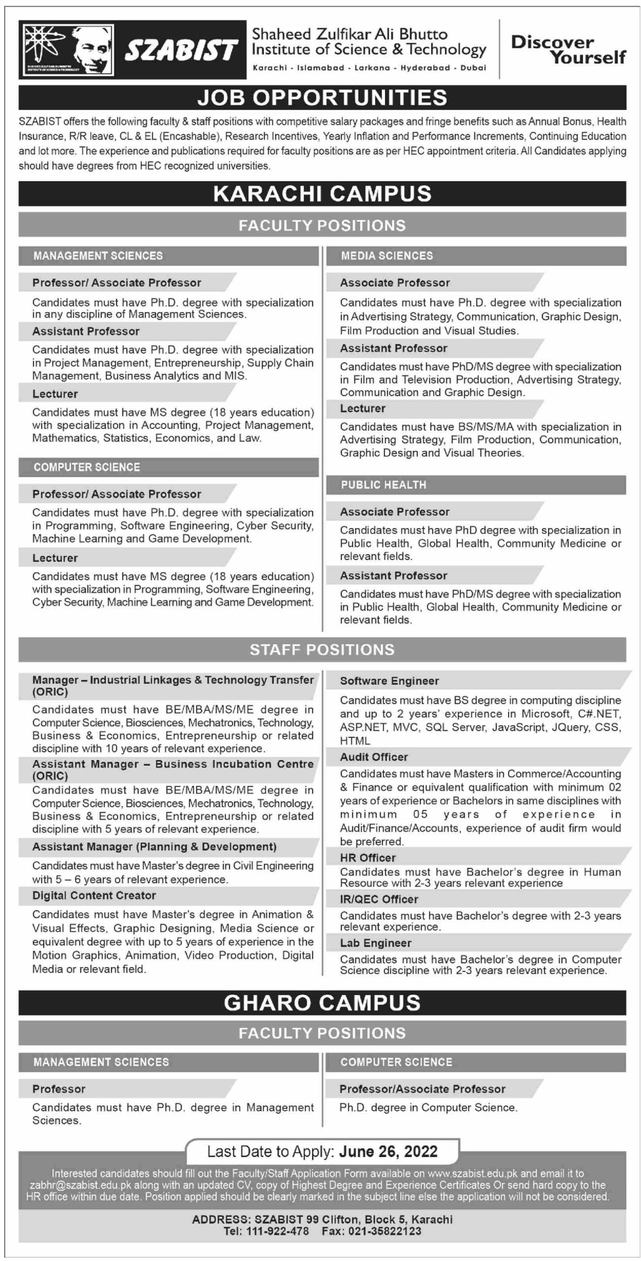 Shaheed Zulfikar Ali Bhutto Institute of Science & Technology SZABIST Jobs June 2022