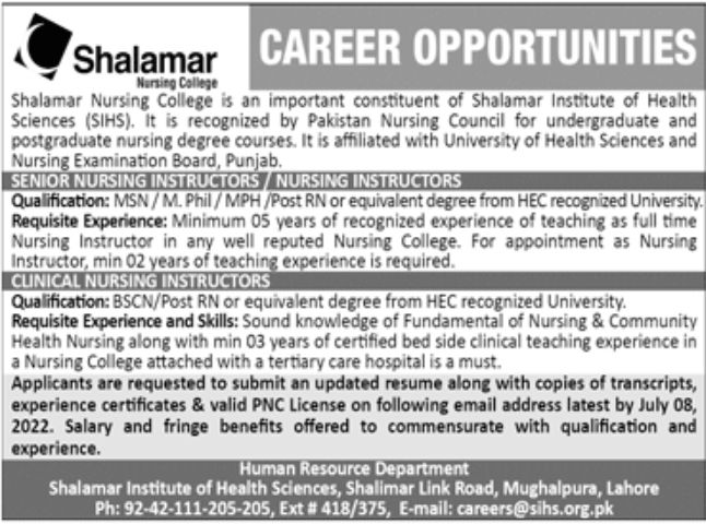 Shalamar Nursing College Jobs June 2022