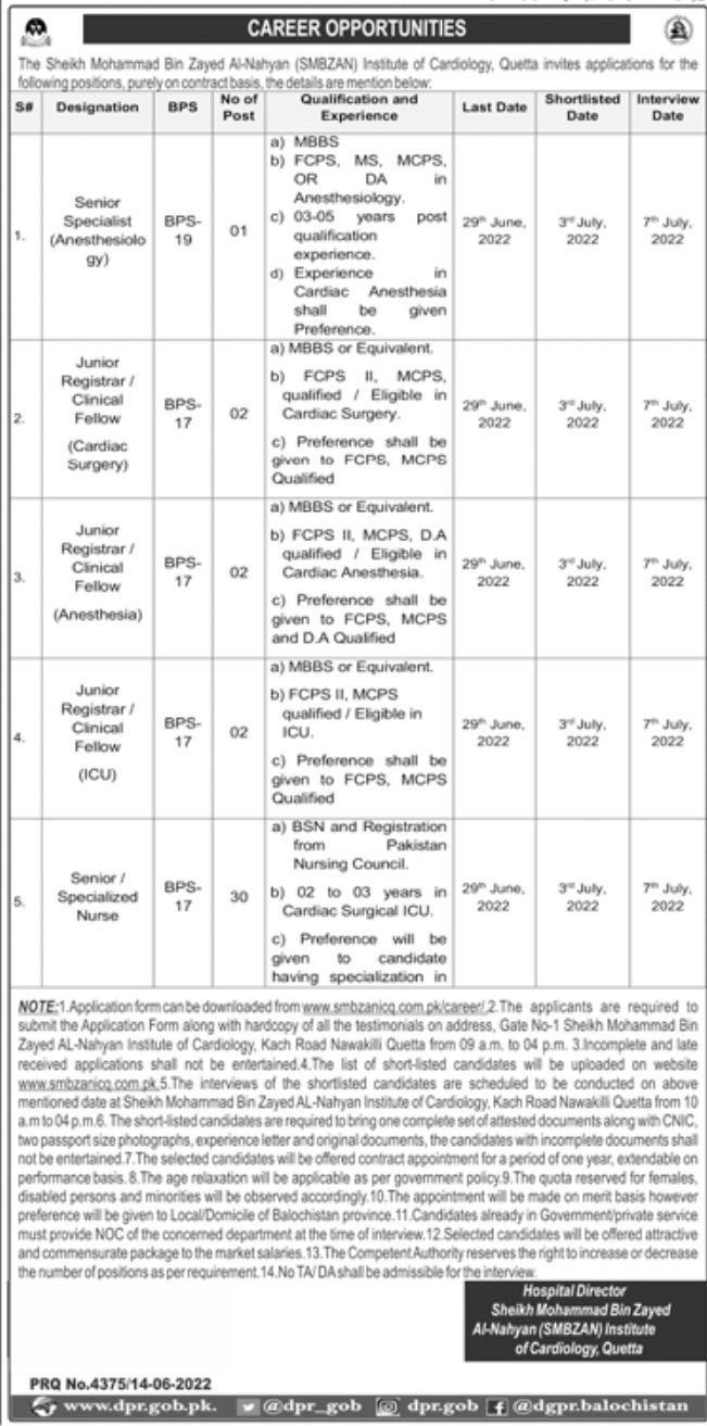Sheikh Mohammad Bin Zayed Institute of Cardiology Jobs June 2022