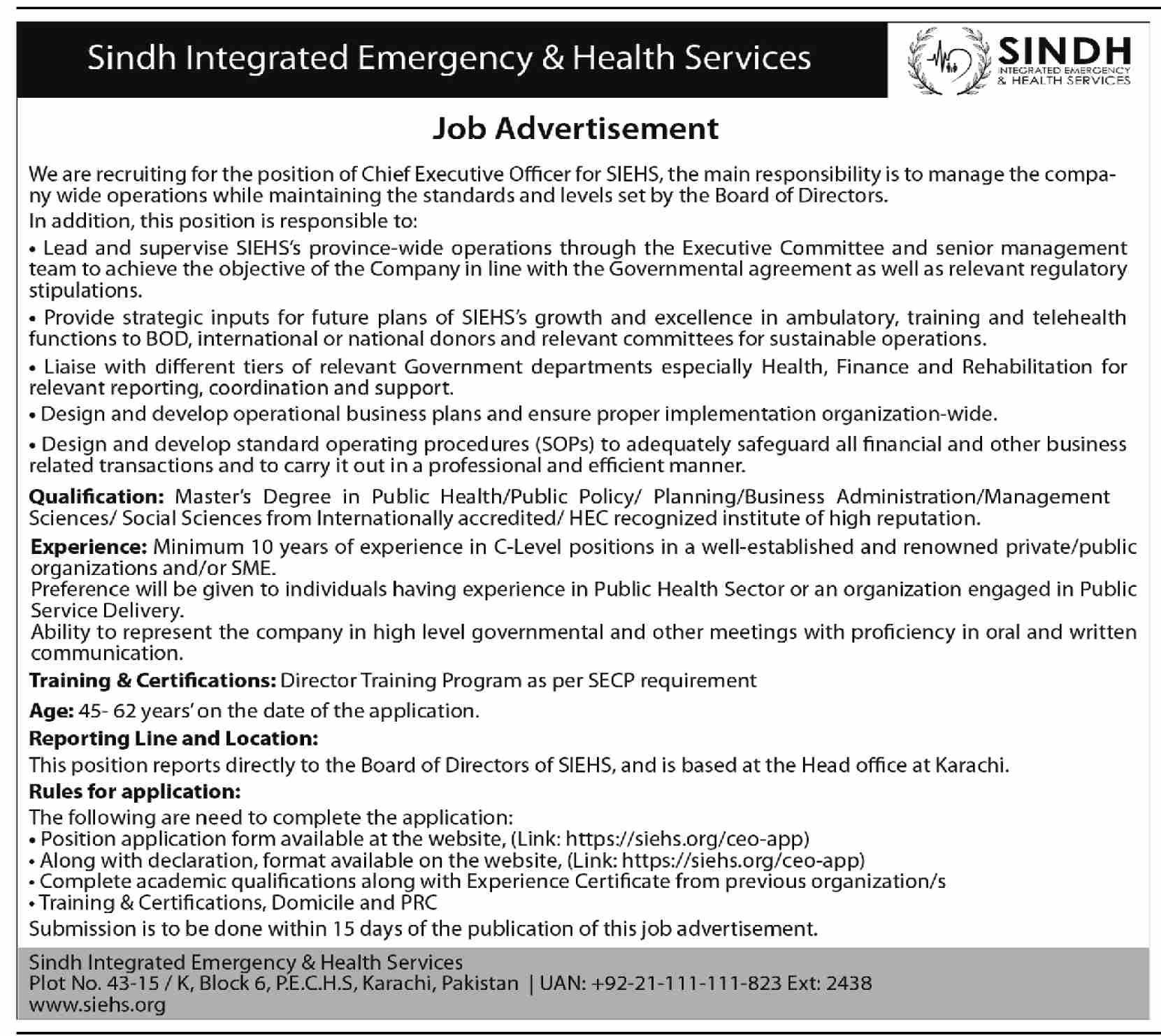 Sindh Integrated Emergency & Health Services Jobs June 2022