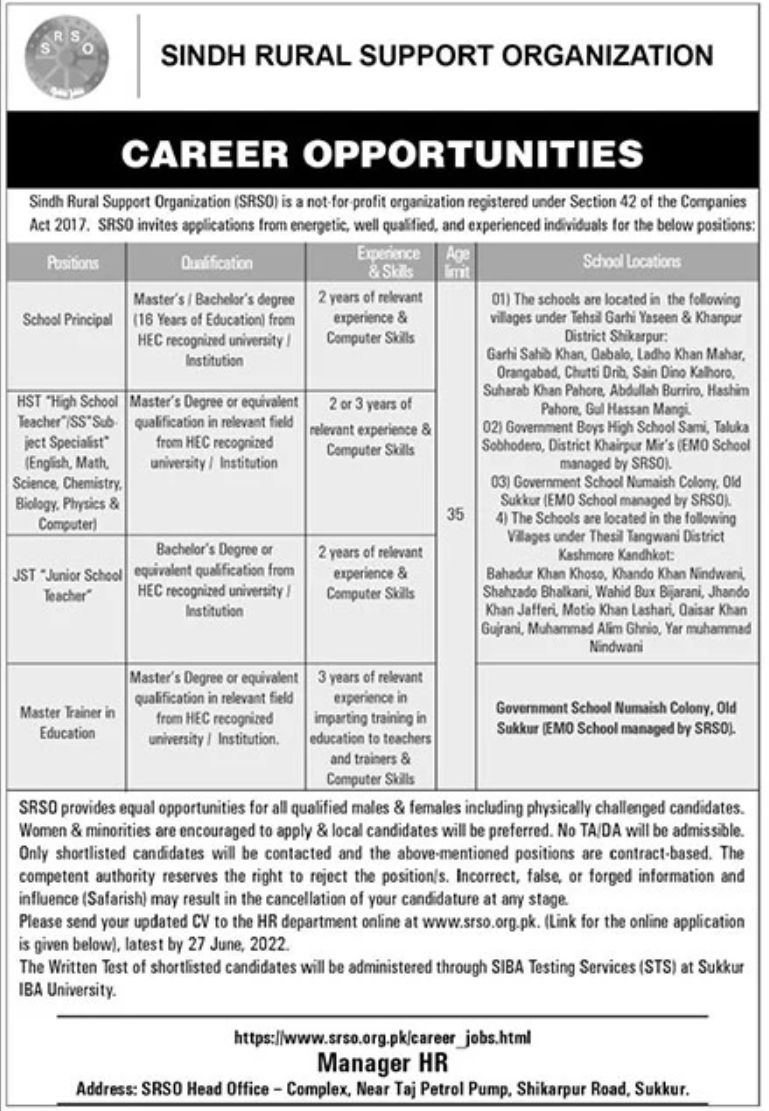 Sindh Rural Support Organization SRSO Jobs June 2022