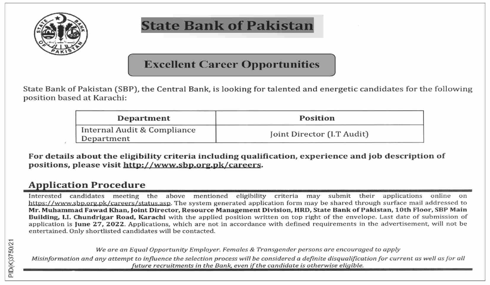 State Bank of Pakistan SBP Jobs June 2022