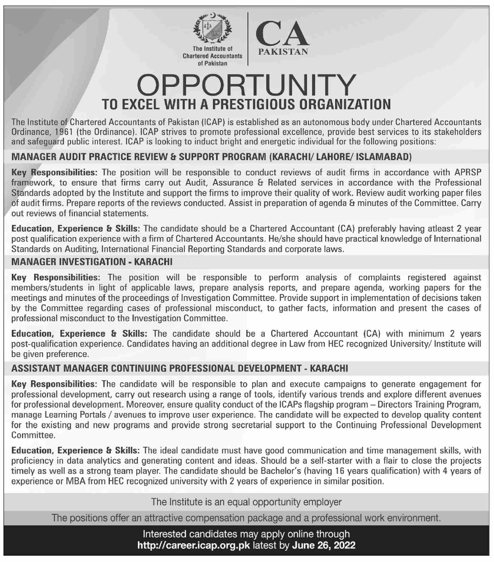 The Institute of Chartered Accountants of Pakistan ICAP Jobs June 2022