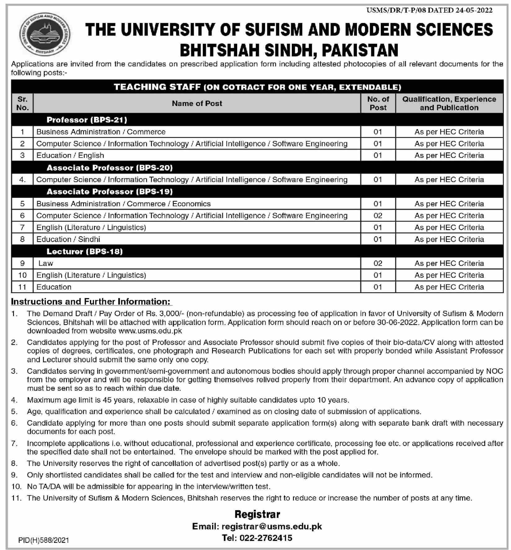 The University of Sufism and Modern Sciences Jobs June 2022