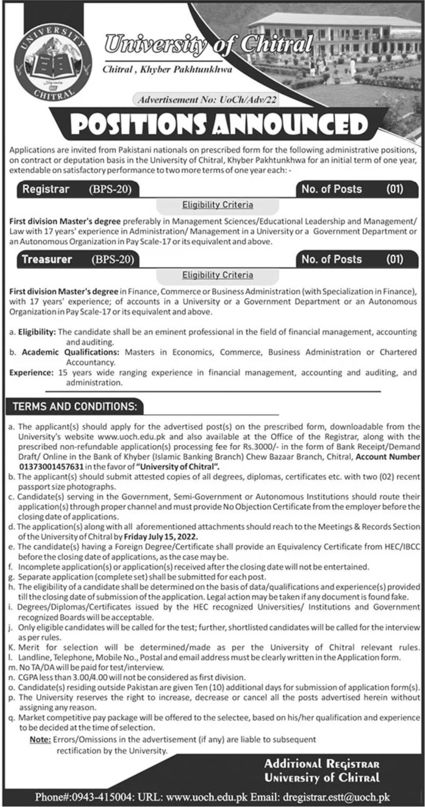 University of Chitral Jobs June 2022