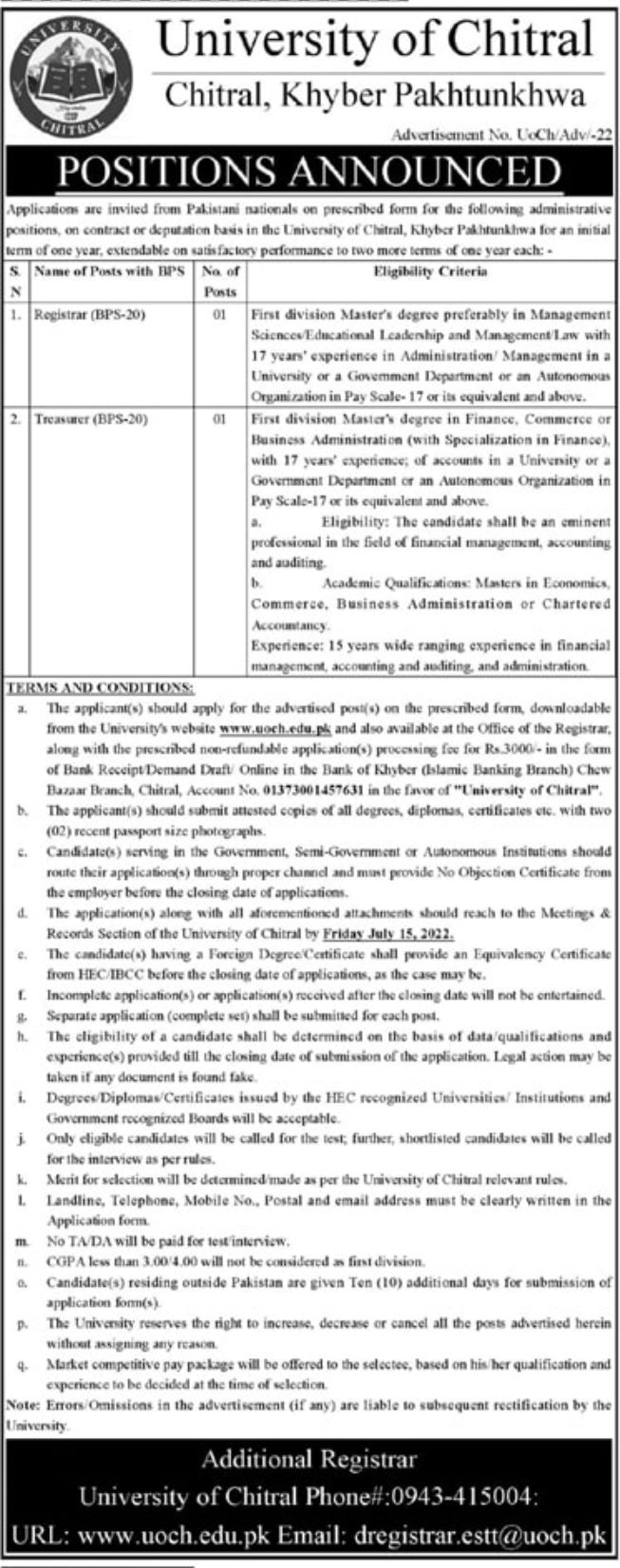 University of Chitral Jobs June 2022