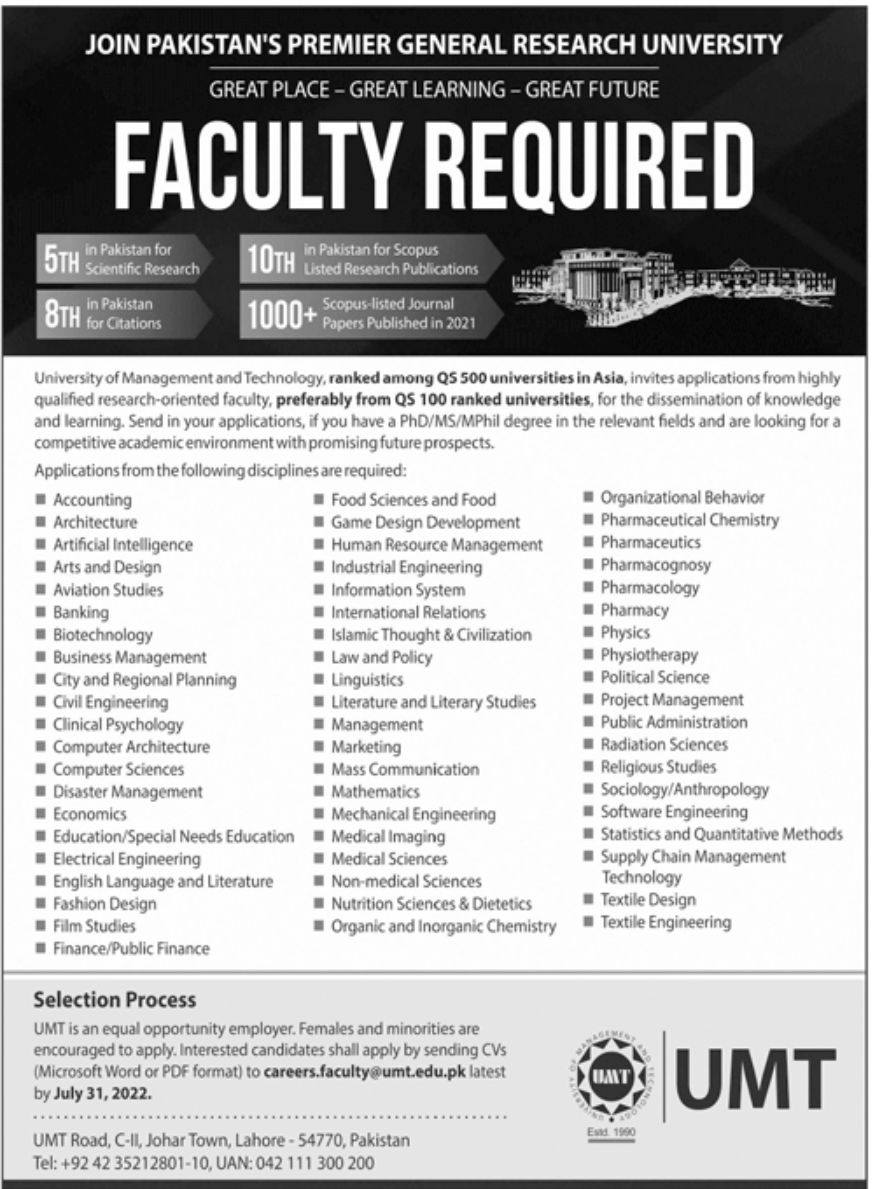 University of Management and Technology UMT Jobs June 2022
