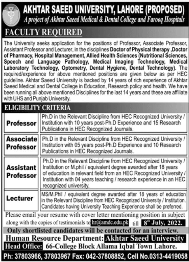 Akhtar Saeed University Lahore Jobs July 2022